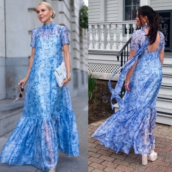 NWT STAUD Calluna Maxi Dress Gown Periwinkle Sketch Book Floral Party Cocktail - Picture 1 of 8